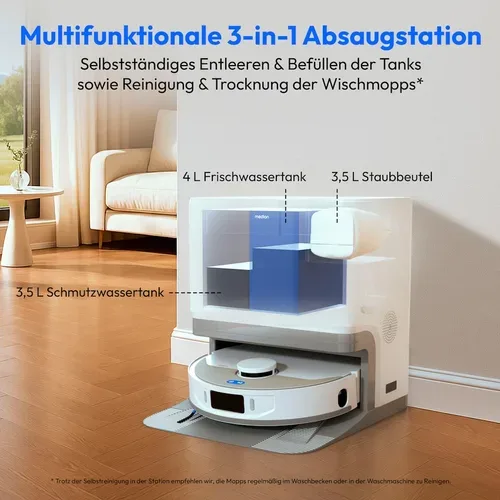 Medion, MEDION Saugroboter mit 3-in-1 Absaugstation X55 SW+, Wischfunktion, rotierende und bewegliche Wischmopps, Lasernavigation, Hinderniserkennung durch Kreuzlinienlaser, starke 10.000 Pa Saugkraft, präzise Kartenerstellung
