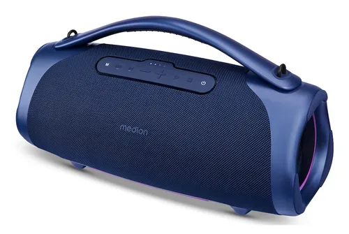 Medion, MEDION LIFE P61768 Tragbarer Bluetooth® Lautsprecher XL blau, Dual Illuminated & Lightstrip (RGB-Lichteffekte), Bluetooth® 5.3, integrierter Akku mit bis zu 30 Stunden Laufzeit, robustes & mobiles Design, 2 x 25 W + 50 W RMS