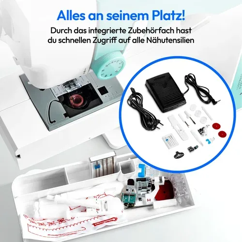Medion, MEDION LIFE Digitale Nähmaschine SD36 (MD11881) türkis, einstellbare Stichlänge und Stichbreite, 270 Stichmuster, Integriertes Zubehörfach, 36 Watt Motorleistung