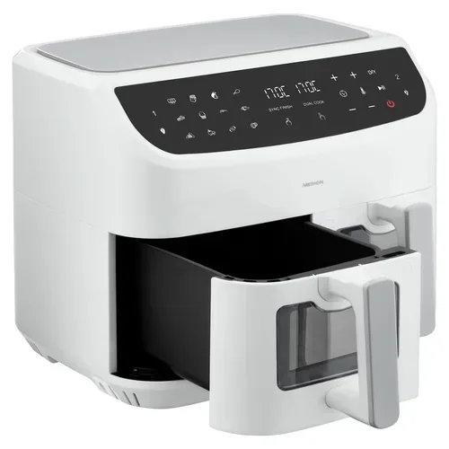 Medion, MEDION LIFE P20 XXL Twin Doppelzonen-Heißluftfritteuse MD 11760 weiß, 100 Rezepte in der Life+ App, 2 separate Garzonen, 10 Automatikprogramme, 8,7 L Gesamt-Nutzinhalt, 2.600 Watt, Temperatur einstellbar bis 200 °C