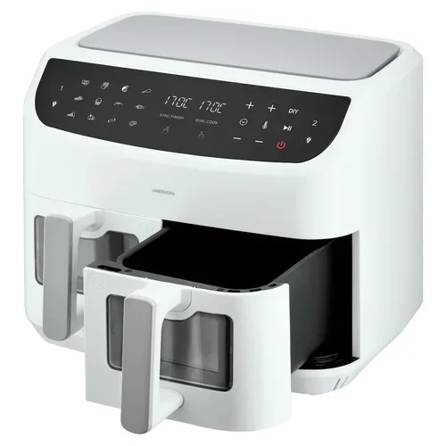 Medion, MEDION LIFE P20 XXL Twin Doppelzonen-Heißluftfritteuse MD 11760 weiß, 100 Rezepte in der Life+ App, 2 separate Garzonen, 10 Automatikprogramme, 8,7 L Gesamt-Nutzinhalt, 2.600 Watt, Temperatur einstellbar bis 200 °C