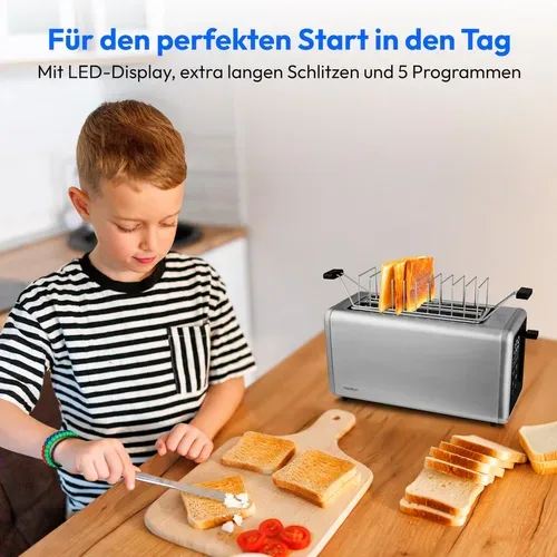 Medion, MEDION LIFE Toaster MD12103 silber, 2 lange Toastschlitze für bis zu 4 Toasts, LED Sensor-Touch-Display, 7 Bräunungsstufen und 5 Automatikprogramme