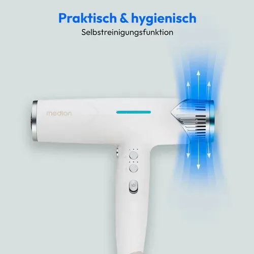 Medion, MEDION LIFE HD2 Haartrockner mit Ionen-Technologie weiß, 1.500 Watt, Selbstreinigungsfunktion, Vielseitige Aufsätze: Stylingdüsen und Diffusor, 3 Temperatur- und 3 Luftstromstufen