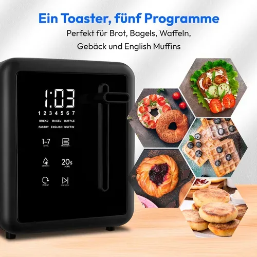 Medion, MEDION LIFE Toaster MD12103 schwarz, 2 lange Toastschlitze für bis zu 4 Toasts, LED Sensor-Touch-Display, 7 Bräunungsstufen und 5 Automatikprogramme