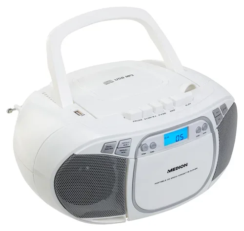 Medion, MEDION LIFE E66476 Tragbare CD-Boombox, CD-Player, Kassettendeck, FM-Radio, USB-MP3-Wiedergabe, 30 Senderspeicher, Batteriebetrieb