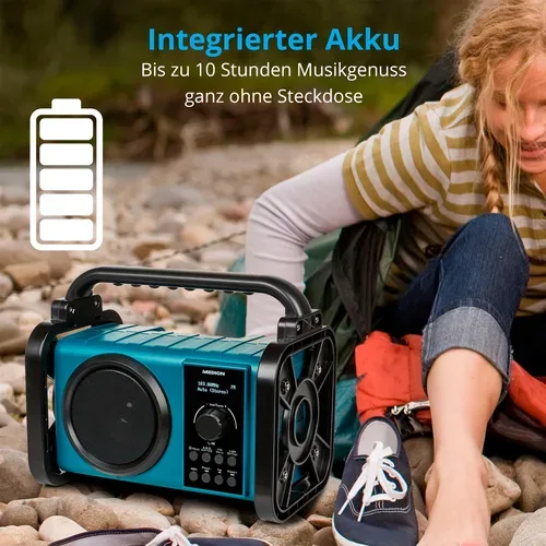 Medion, MEDION LIFE E66877 Baustellenradio, DAB+/PLL-UKW Radio, Dot Matrix LC-Display, Bluetooth® 5.0, spritzwassergeschützt (IP44), robustes Gehäuse, LED-Arbeitslicht, integrierter Akku, 5 W RMS