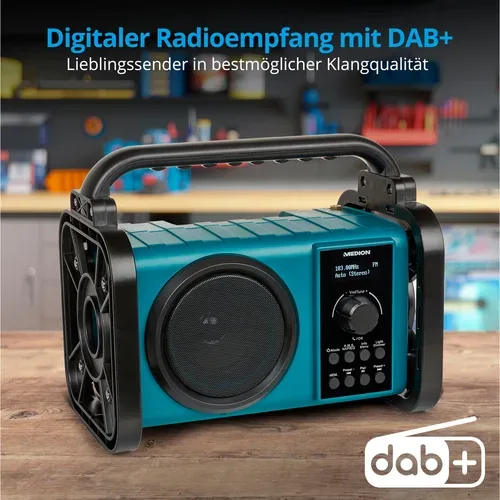 Medion, MEDION LIFE E66877 Baustellenradio, DAB+/PLL-UKW Radio, Dot Matrix LC-Display, Bluetooth® 5.0, spritzwassergeschützt (IP44), robustes Gehäuse, LED-Arbeitslicht, integrierter Akku, 5 W RMS