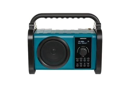 Medion, MEDION LIFE E66877 Baustellenradio, DAB+/PLL-UKW Radio, Dot Matrix LC-Display, Bluetooth® 5.0, spritzwassergeschützt (IP44), robustes Gehäuse, LED-Arbeitslicht, integrierter Akku, 5 W RMS