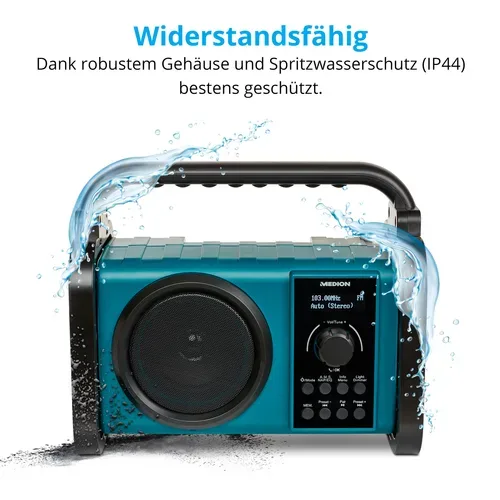 Medion, MEDION LIFE E66877 Baustellenradio, DAB+/PLL-UKW Radio, Dot Matrix LC-Display, Bluetooth® 5.0, spritzwassergeschützt (IP44), robustes Gehäuse, LED-Arbeitslicht, integrierter Akku, 5 W RMS