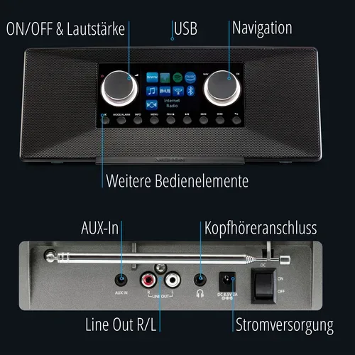 Medion, MEDION LIFE P85333 Stereo Internetradio schwarz, 7,1 cm (2,8'') TFT-Farbdisplay, über 25.000 Internet-Radiosender & viele Podcasts empfangen, DAB+/UKW Radio, Wecker, WLAN, Bluetooth®, Amazon Music, Spotify®-Connect, 2 x 6 W RMS