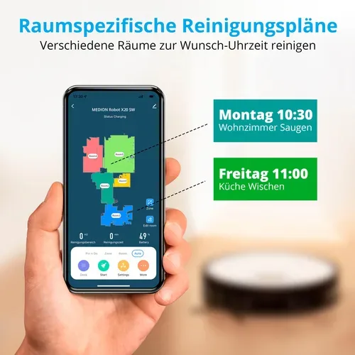 Medion, MEDION Saugroboter mit Absaugstation X20 SW+, Wischfunktion, Lasernavigation, 3.000 Pa Saugkraft, No Go & Go Bereiche, präzise Kartenerstellung, mehrere Etagen, App-Steuerung
