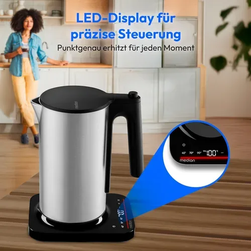 Medion, MEDION LIFE Digitaler Wasserkocher MD12106 silber, 2.200 Watt Leistung, 1,5 Liter Kapazität, LED-Display, LED-leuchtbalken, automatische Programme, Kindersicherung