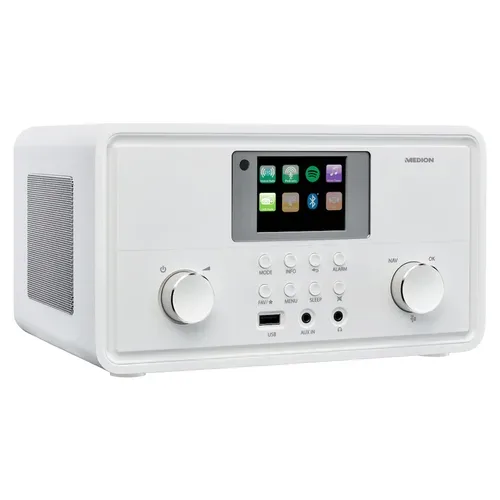 Medion, MEDION LIFE P85027 Stereo Internetradio weiß, 7,1 cm (2,8'') TFT-Display, 25.000+ Internetradiosender & zahlreiche Podcasts, DAB+/UKW-Radio, Bluetooth®, Spotify®-Connect, WLAN, 2 x 10 W RMS