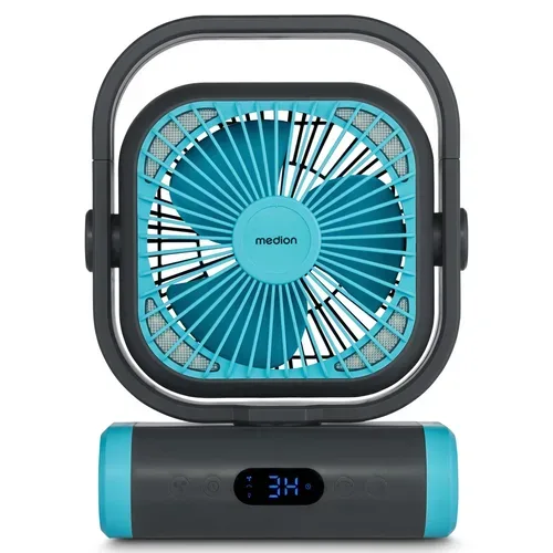 Medion, MEDION LIFE Camping Ventilator E10 TF blau, 20 W Leistung, 5 Geschwindigkeitsstufen, 110° Oszillation, 10.000 mAh Akku, als Powerbank nutzbar, LED