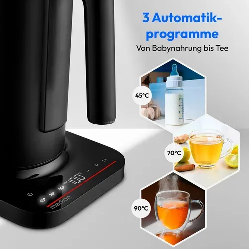 Medion, MEDION LIFE Digitaler Wasserkocher MD12106 schwarz, 2.200 Watt Leistung, 1,5 Liter Kapazität, LED-Display, LED-leuchtbalken, automatische Programme, Kindersicherung
