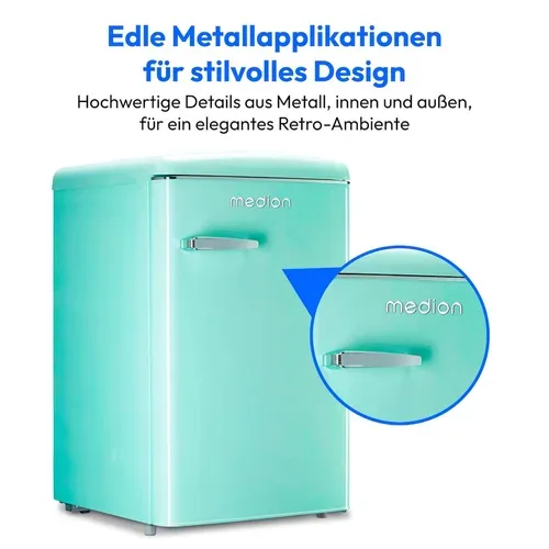 Medion, MEDION LIFE Retro Kühlschrank mit Gefrierfach MD37790 Minty Green, 108 L Gesamtnutzinhalt, 37 dB, höhenverstellbare Füße, Energieeffiziensklasse D