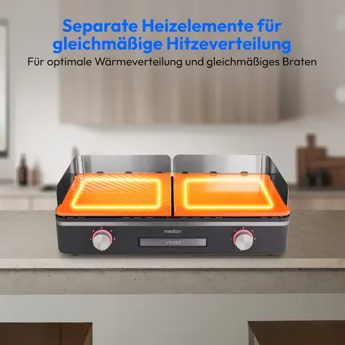 Medion, MEDION LIFE Tischgrill mit Dual-Zonen-System (MD12027), 2,400 Watt, 2 abnehmbare Platten, PFAS Frei, LED-Statusanzeige (weiß, rot, grün), IPX4-Schutz