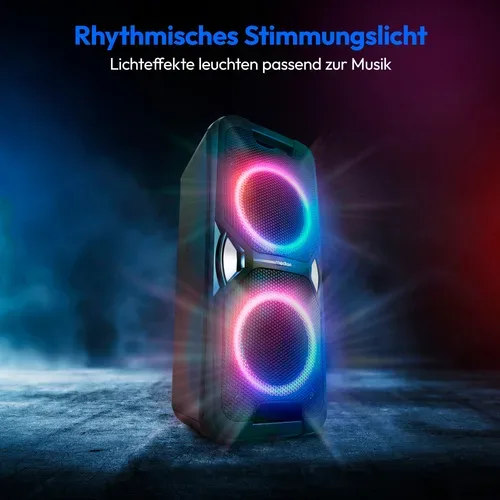 Medion, MEDION LIFE PE-1 Pure Partylautsprecher, PLL-UKW Radio, Bluetooth® 5.4, satter Sound, verschiedene Lichteffekte, X-Bass Bassanhebung, inkl. Mikrofon, 2 x 25 W RMS Ausgangsleistung