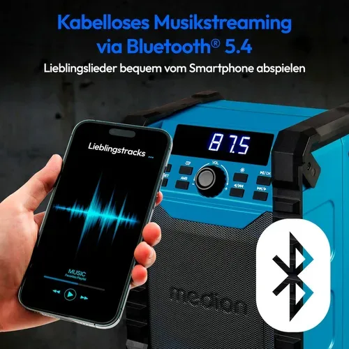 Medion, MEDION LIFE E65895 Baustellenradio, PLL-UKW Radio, Bluetooth® 5.4, spritzwassergeschützt (IP54), robustes Gehäuse, 10 W RMS