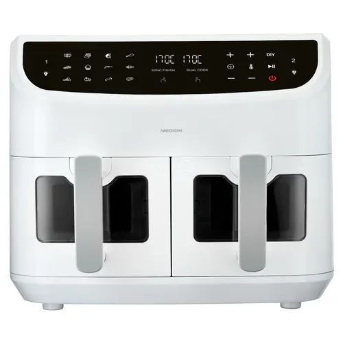 Medion, MEDION LIFE P20 XXL Twin Doppelzonen-Heißluftfritteuse MD 11760 weiß, 100 Rezepte in der Life+ App, 2 separate Garzonen, 10 Automatikprogramme, 8,7 L Gesamt-Nutzinhalt, 2.600 Watt, Temperatur einstellbar bis 200 °C