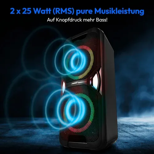Medion, MEDION LIFE PE-1 Pure Partylautsprecher, PLL-UKW Radio, Bluetooth® 5.4, satter Sound, verschiedene Lichteffekte, X-Bass Bassanhebung, inkl. Mikrofon, 2 x 25 W RMS Ausgangsleistung