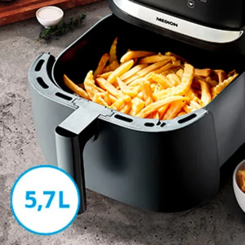 Medion, MEDION LIFE E50 XL Heißluftfritteuse MD 10532, ölfreies Frittieren, digitales Bedienfeld, Automatikprogramme, 5,7 L Korbvolumen