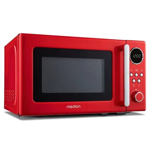 Medion, MEDION Retro-Mikrowelle MD 15000, rot, 800 W Leistung, 20 L kompakt, 5 Mikrowellenstufen, Auftaufunktion, Timerfunktion, stilvolles Retro-Design