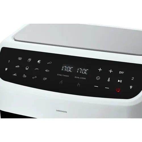 Medion, MEDION LIFE P20 XXL Twin Doppelzonen-Heißluftfritteuse MD 11760 weiß, 100 Rezepte in der Life+ App, 2 separate Garzonen, 10 Automatikprogramme, 8,7 L Gesamt-Nutzinhalt, 2.600 Watt, Temperatur einstellbar bis 200 °C