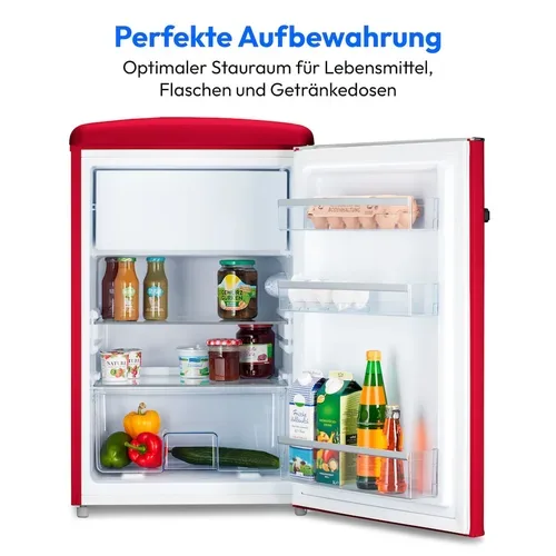 Medion, MEDION LIFE® Retro-Kühlschrank mit Gefrierfach MD 37790 Velvet Rouge, 108 L Gesamtnutzinhalt, 37 dB, höhenverstellbare Füße, Energieeffiziensklasse D