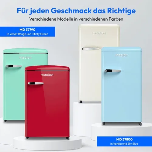 Medion, MEDION LIFE® Retro-Kühlschrank mit Gefrierfach MD 37790 Velvet Rouge, 108 L Gesamtnutzinhalt, 37 dB, höhenverstellbare Füße, Energieeffiziensklasse D