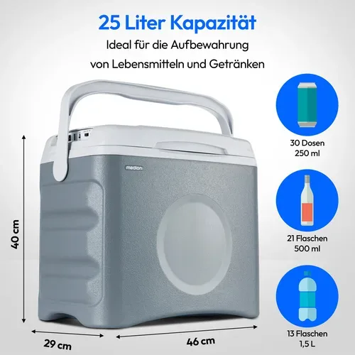 Medion, MEDION LIFE® Thermoelektrische Kühlbox MD 10735, Kühl- und Warmhaltefunktion, 25 L Kapazität, 12V-, 230V- und USB-Anschlüsse zur Stromversorgung