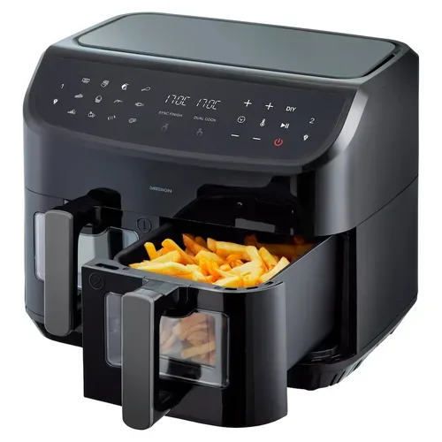 Medion, MEDION LIFE P20 XXL Twin Doppelzonen-Heißluftfritteuse MD 11760 schwarz, 100 Rezepte in der Life+ App, 2 separate Garzonen, 9 Automatikprogramme, 8,7 L Gesamt-Nutzinhalt, 2.600 Watt, Temperatur einstellbar bis 200 °C