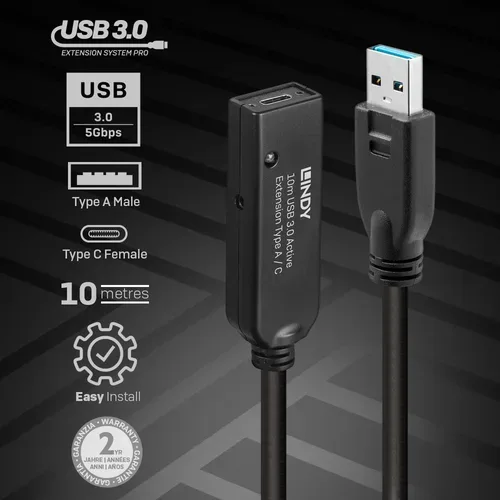 LINDY, LINDY USB-Kabel USB 3.2 Gen1 USB-A Stecker, USB-C® Buchse 10.00 m Schwarz 43376