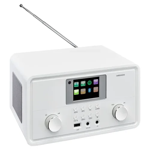 Medion, MEDION LIFE P85027 Stereo Internetradio weiß, 7,1 cm (2,8'') TFT-Display, 25.000+ Internetradiosender & zahlreiche Podcasts, DAB+/UKW-Radio, Bluetooth®, Spotify®-Connect, WLAN, 2 x 10 W RMS