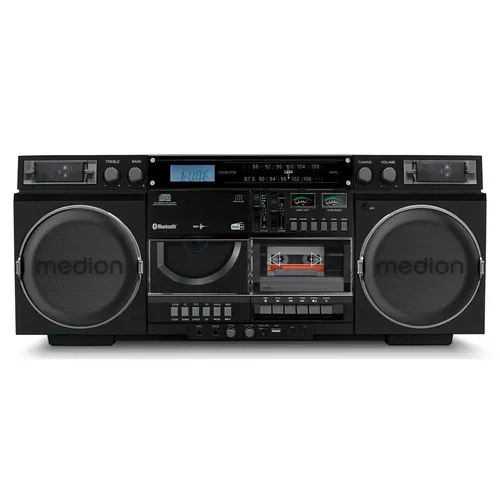 Medion, MEDION LIFE P66538 Retro-Boombox schwarz, DAB+/PLL-UKW Radio, Bluetooth® 5.3 für das Abspielen von Smartphone & Co, CD-Player, Kassettendeck, X-Bass Funktion, 2 x 10 W RMS