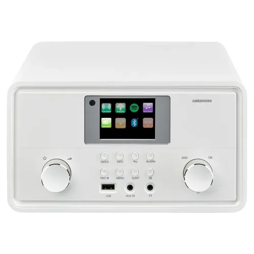 Medion, MEDION LIFE P85027 Stereo Internetradio weiß, 7,1 cm (2,8'') TFT-Display, 25.000+ Internetradiosender & zahlreiche Podcasts, DAB+/UKW-Radio, Bluetooth®, Spotify®-Connect, WLAN, 2 x 10 W RMS