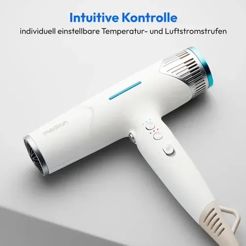 Medion, MEDION LIFE HD2 Haartrockner mit Ionen-Technologie weiß, 1.500 Watt, Selbstreinigungsfunktion, Vielseitige Aufsätze: Stylingdüsen und Diffusor, 3 Temperatur- und 3 Luftstromstufen