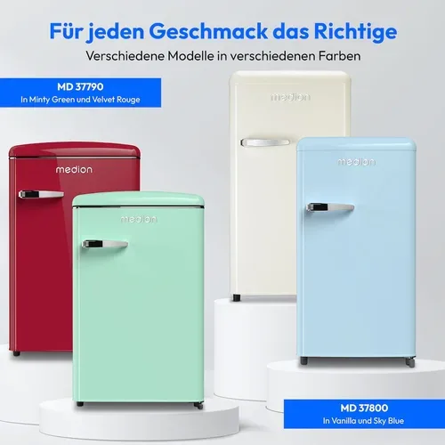 Medion, MEDION LIFE Retro Kühlschrank mit Gefrierfach MD37790 Minty Green, 108 L Gesamtnutzinhalt, 37 dB, höhenverstellbare Füße, Energieeffiziensklasse D