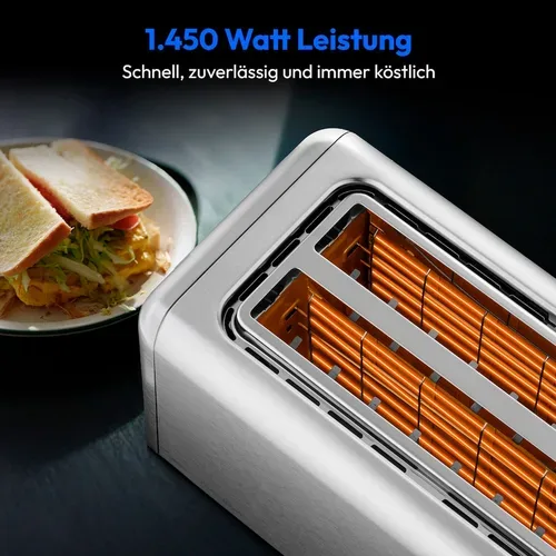 Medion, MEDION LIFE Toaster MD12103 silber, 2 lange Toastschlitze für bis zu 4 Toasts, LED Sensor-Touch-Display, 7 Bräunungsstufen und 5 Automatikprogramme