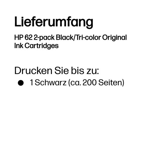 HP, HP 62 Original Tintenpatrone N9J71AE Schwarz, Cyan, Magenta, Gelb Multipack 2 Stück