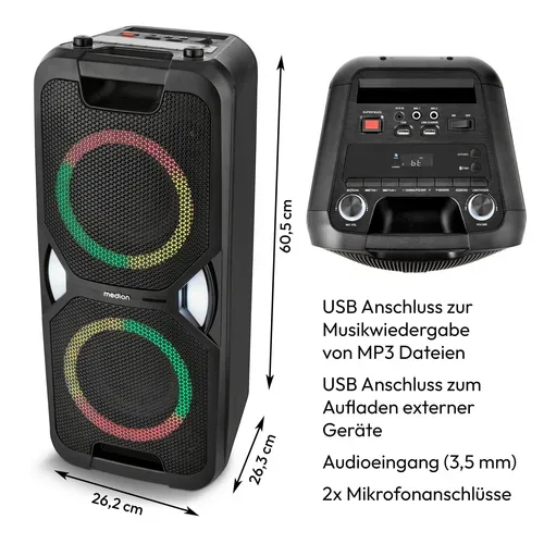 Medion, MEDION LIFE PE-1 Pure Partylautsprecher, PLL-UKW Radio, Bluetooth® 5.4, satter Sound, verschiedene Lichteffekte, X-Bass Bassanhebung, inkl. Mikrofon, 2 x 25 W RMS Ausgangsleistung