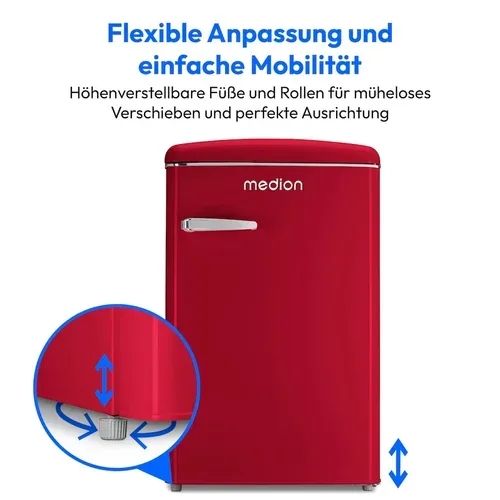 Medion, MEDION LIFE® Retro-Kühlschrank mit Gefrierfach MD 37790 Velvet Rouge, 108 L Gesamtnutzinhalt, 37 dB, höhenverstellbare Füße, Energieeffiziensklasse D
