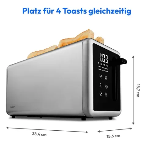 Medion, MEDION LIFE Toaster MD12103 silber, 2 lange Toastschlitze für bis zu 4 Toasts, LED Sensor-Touch-Display, 7 Bräunungsstufen und 5 Automatikprogramme