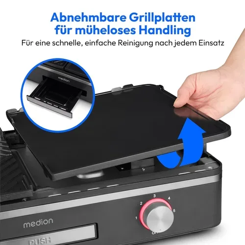 Medion, MEDION LIFE Tischgrill mit Dual-Zonen-System (MD12027), 2,400 Watt, 2 abnehmbare Platten, PFAS Frei, LED-Statusanzeige (weiß, rot, grün), IPX4-Schutz