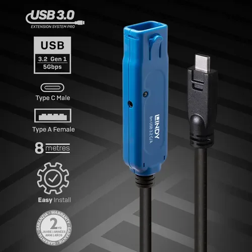 LINDY, LINDY USB-Kabel USB 3.2 Gen1 USB-A Buchse, USB-C® Stecker 8.00 m Schwarz/Blau 43381