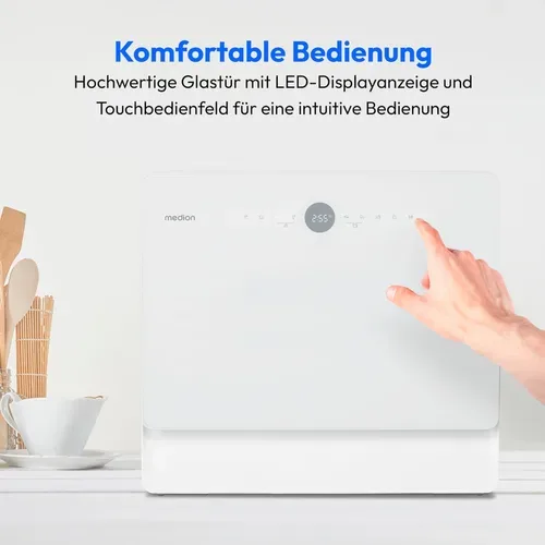Medion, MEDION LIFE Tischgeschirrspüler DWT50 (MD 37775), 7 Reinigungsprogramme, Wasseranschluss, für 5 Gedecke, EasyFit Design, Touch-Bedienfeld, LED-Display