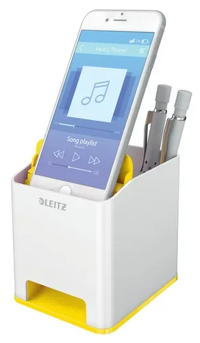Leitz, Stiftehalter Leitz WOW Sound, 1 Fach, Smartphone-Fach mit Soundverstärkung, weiss/gelb