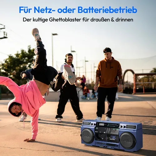 Medion, MEDION LIFE P66538 Retro-Boombox blau, DAB+/PLL-UKW Radio, Bluetooth® 5.3 für das Abspielen von Smartphone & Co, CD-Player, Kassettendeck, X-Bass Funktion, 2 x 10 W RMS