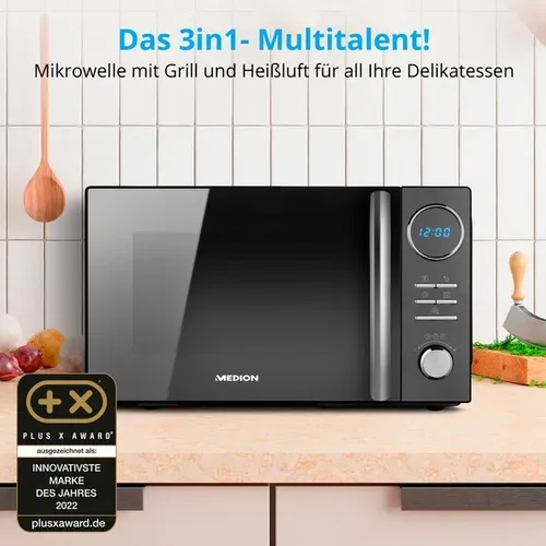 Medion, MEDION LIFE 3 in 1 Mikrowelle  MD 11493, Kombination aus Mikrowelle, Grill und Heißluft, 23 L, 10 Automatikprogramme, 900 W, Digitaler Timer
