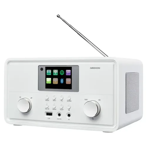 Medion, MEDION LIFE P85027 Stereo Internetradio weiß, 7,1 cm (2,8'') TFT-Display, 25.000+ Internetradiosender & zahlreiche Podcasts, DAB+/UKW-Radio, Bluetooth®, Spotify®-Connect, WLAN, 2 x 10 W RMS